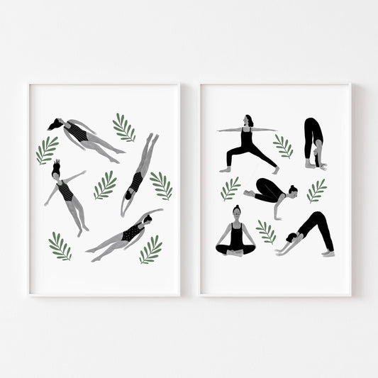 Set of 2 Prints | Wild Swimming & Yoga | Outdoor Swimming | Yogi Decor | Nature Artwork | Black and White Decor | Swimmer Gift | Print Pair